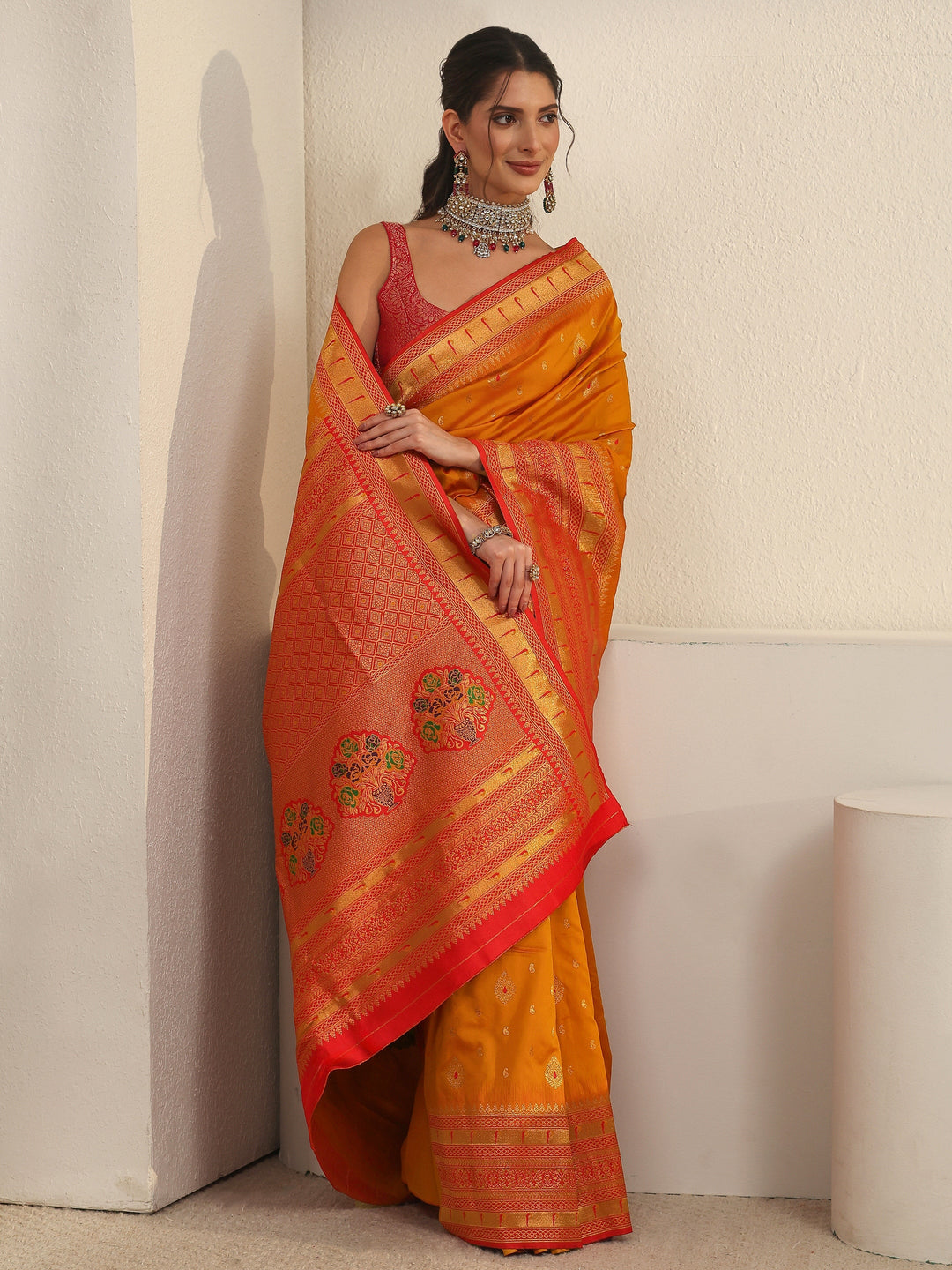 Libas Orange Woven Design Silk Blend Saree