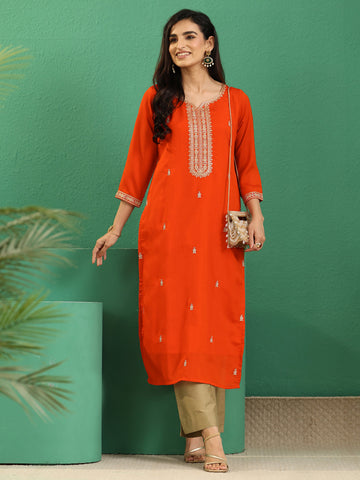 Libas Orange Yoke Embroidered Silk Blend Straight Kurta