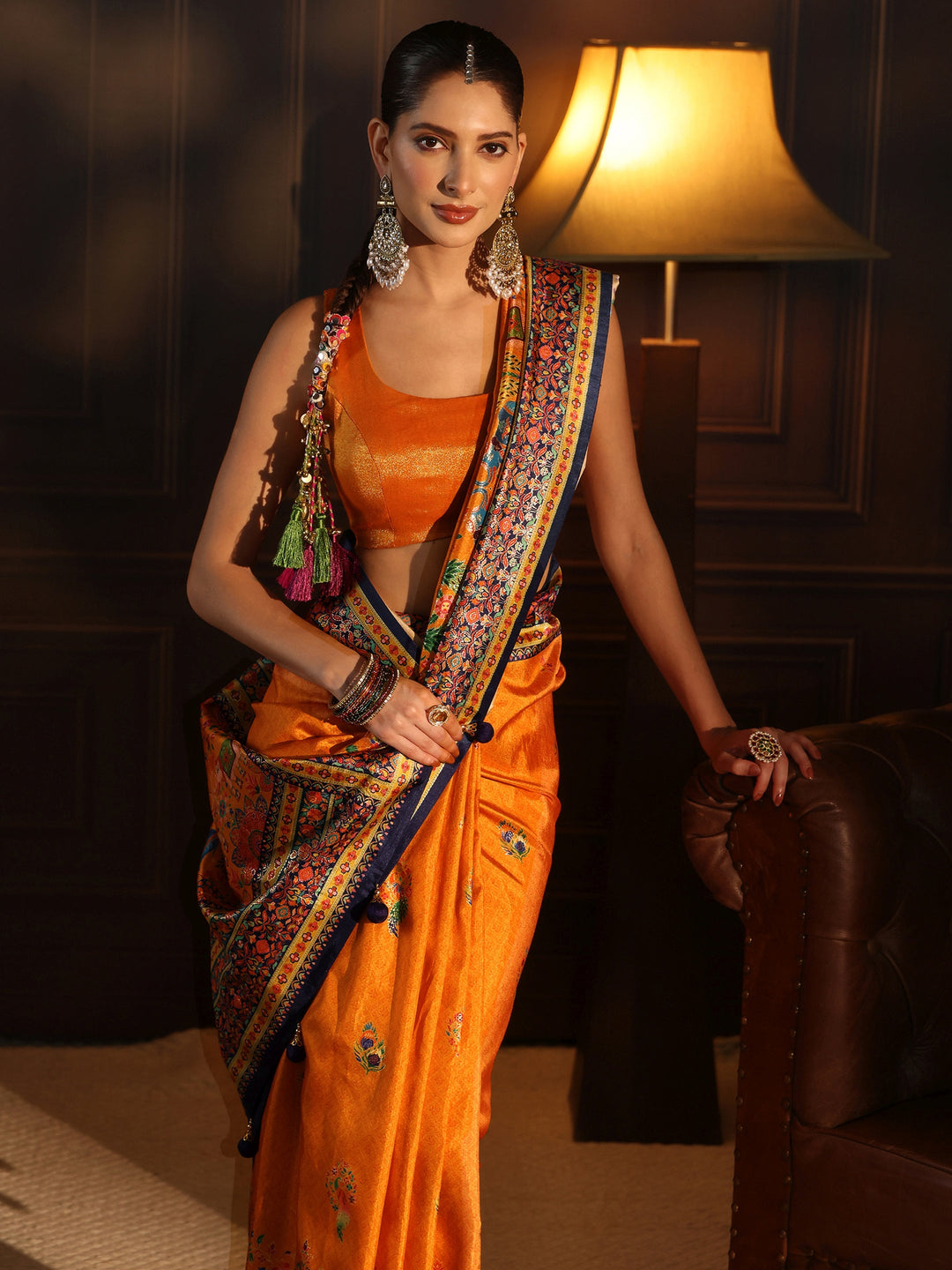 Libas Orange and Blue Ethnic Printed Silk Blend Saree