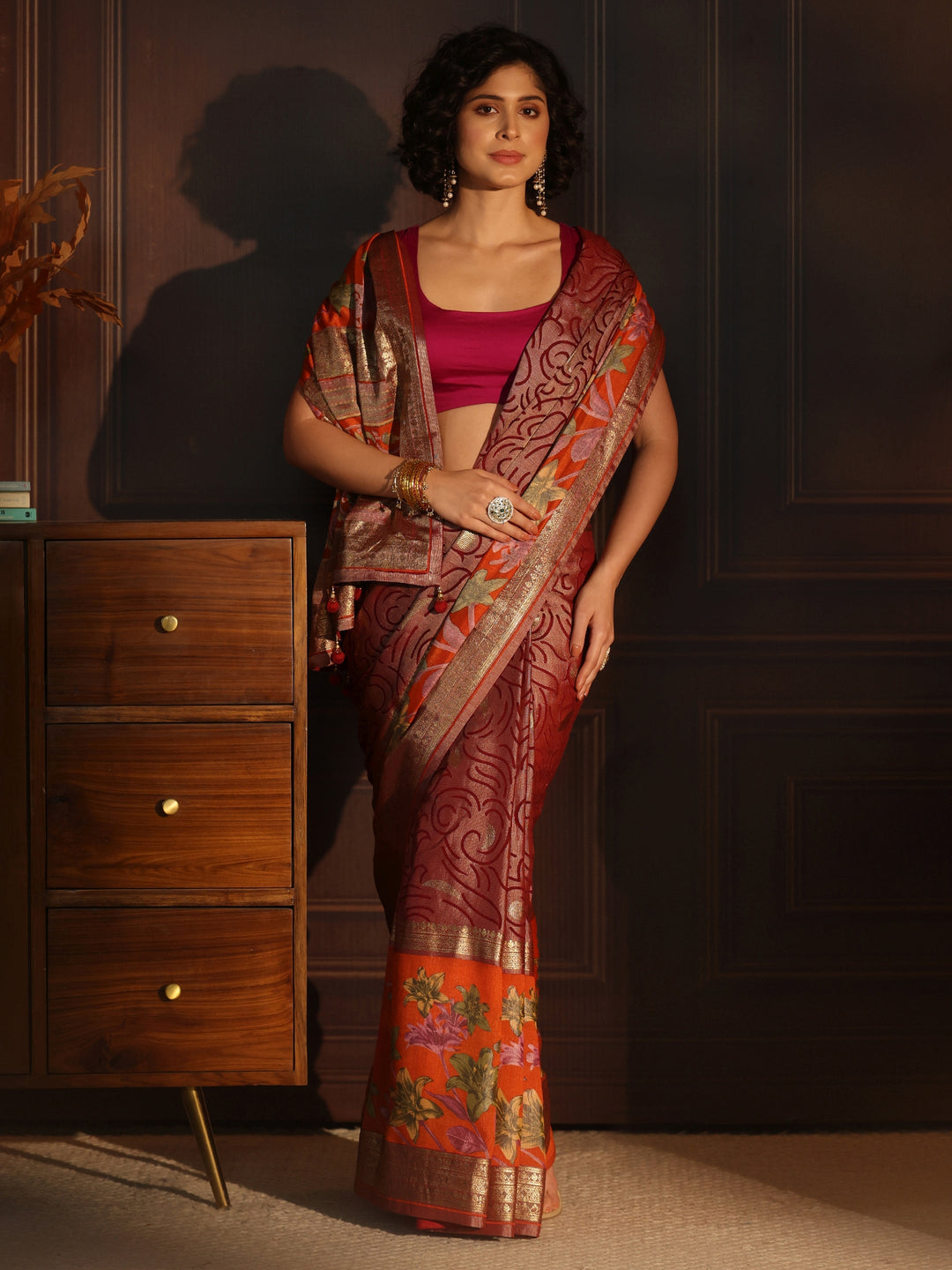 Libas Orange and Maroon Floral Woven Design Silk Blend Saree