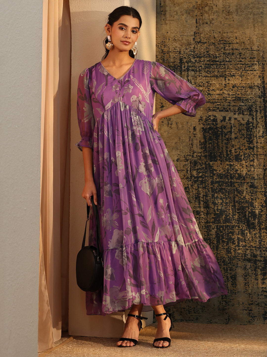  Libas Orchid Purple Floral Printed Empire Chiffon Dress 