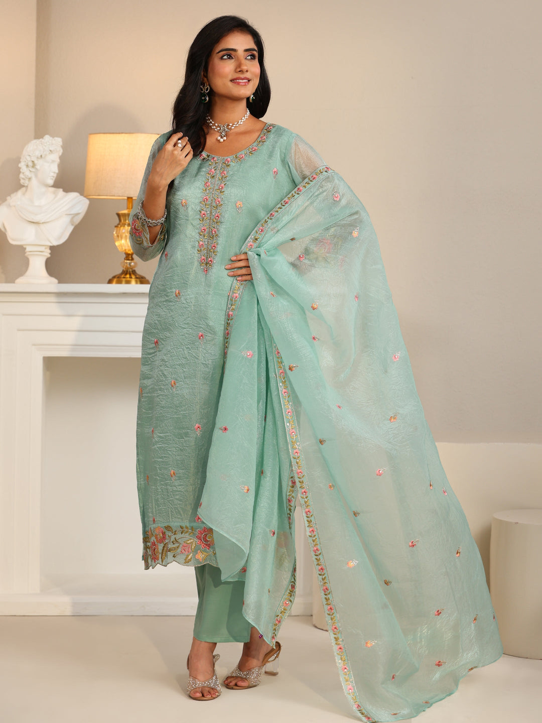  Libas Pale Turquoise Blue Floral Embroidered Tissue Straight Suit Set 