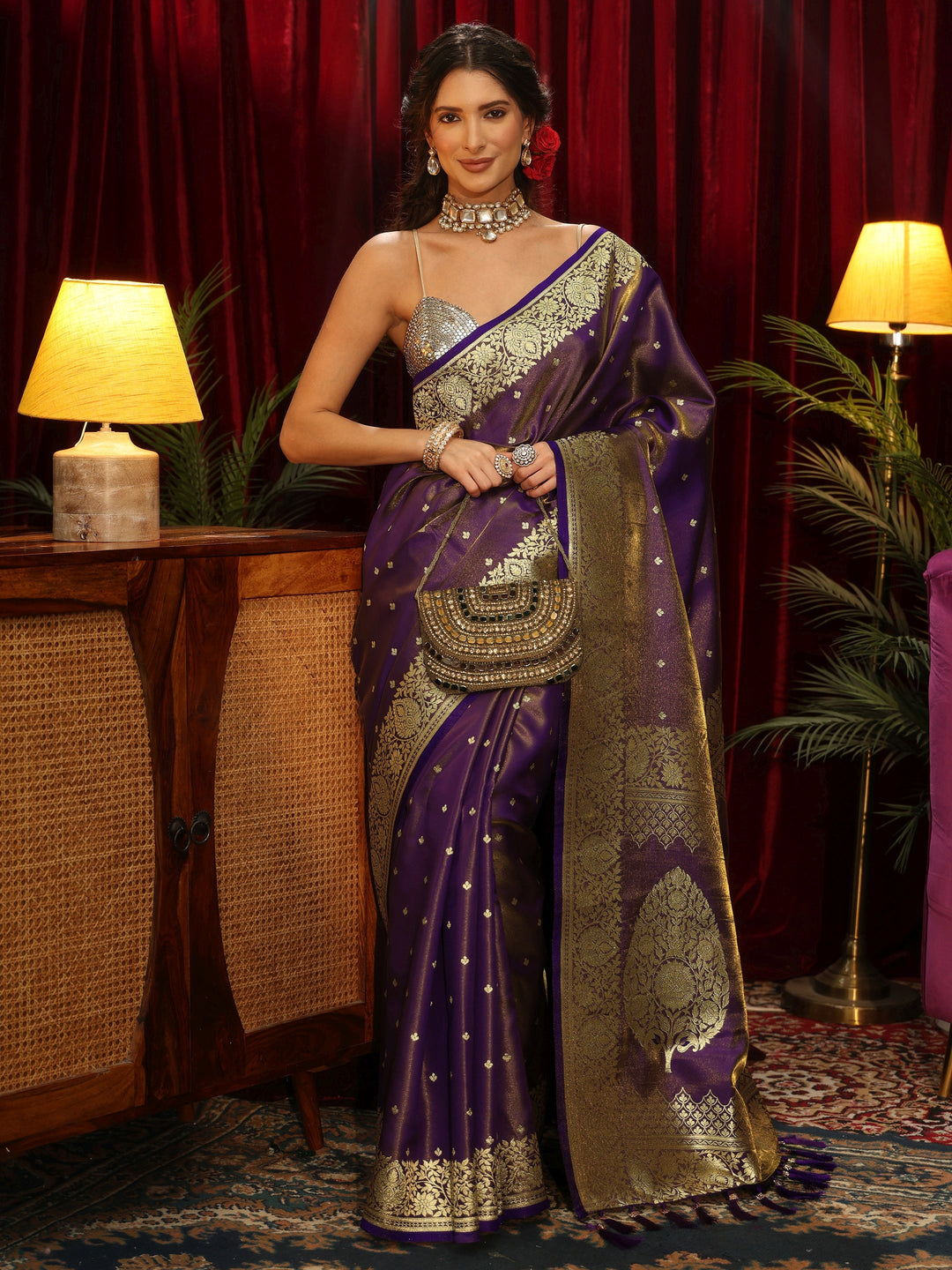 Libas Pansy Purple Floral Woven Design Satin Saree