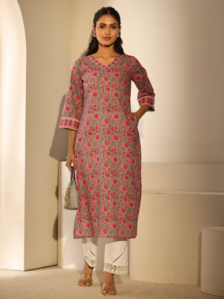 Libas Pastel Green Floral Printed Cotton Straight Kurta