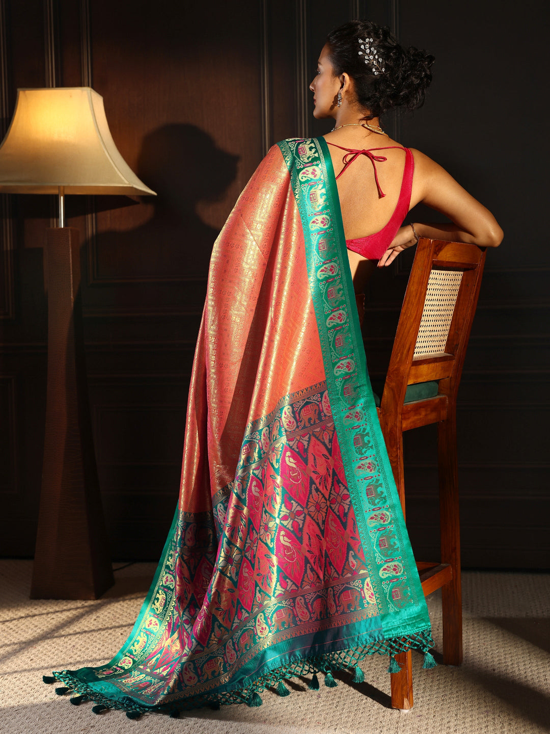 Libas Peach Chevron Woven Design Silk Blend Tassel Saree