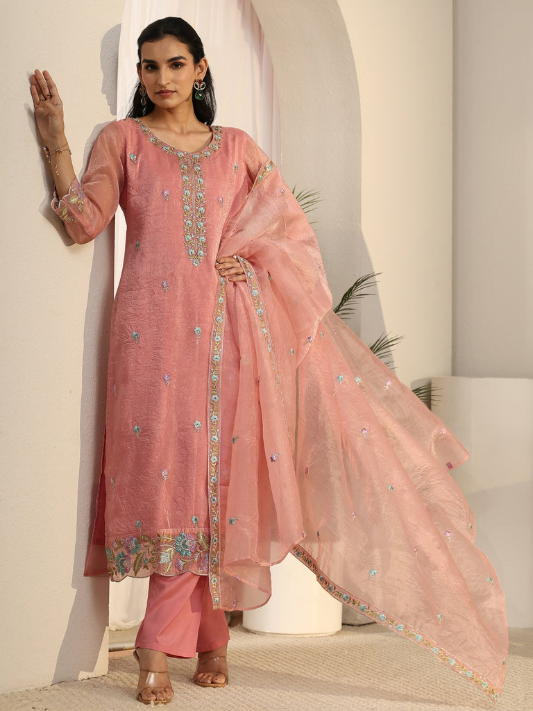 Libas Peach Floral Embroidered Tissue Straight Suit Set