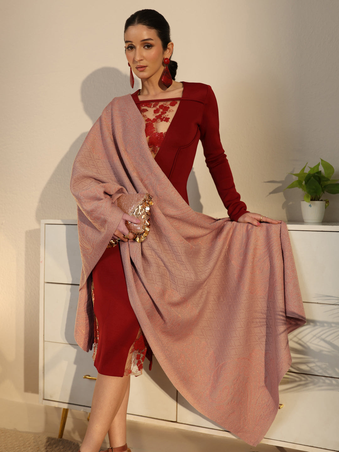  Libas Peach Floral Knitted Acrylic Shawl 