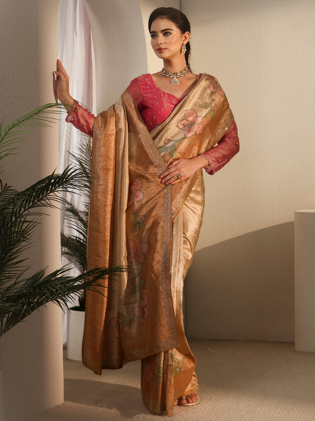 Libas Peach Floral Stone Work Embellished Silk Blend Saree
