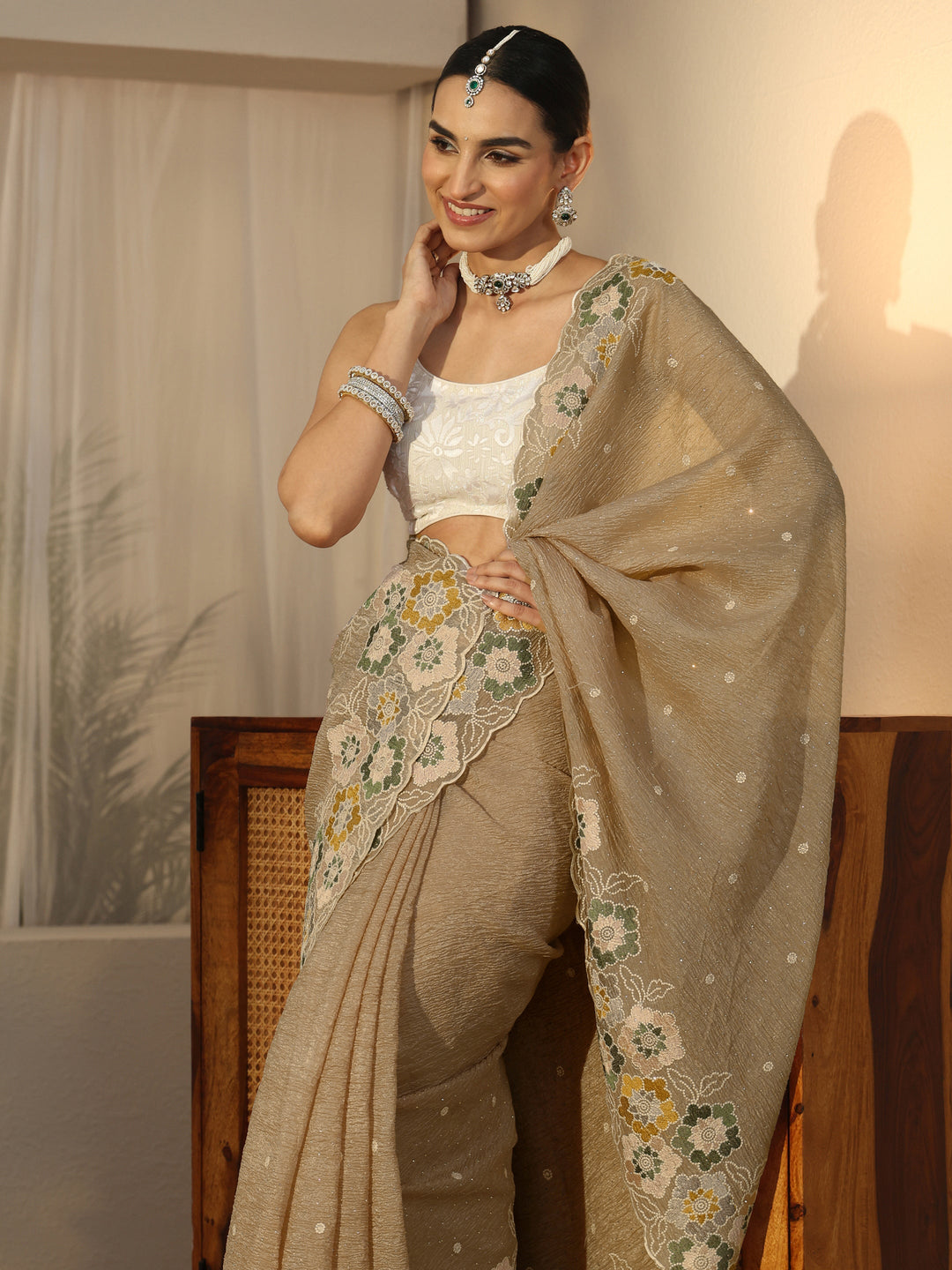  Libas Peach Floral Stone Work Embroidered saree 