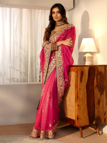 Libas Peach Net Saree with Embroidered Border