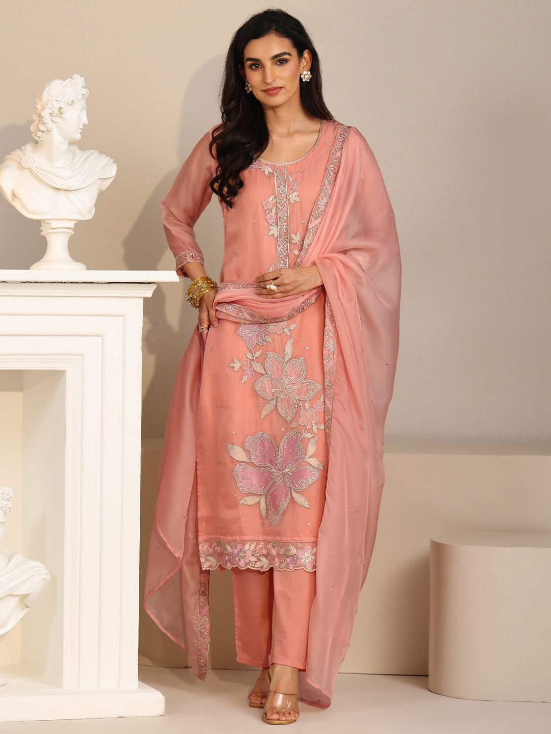  Libas Peach Orange Floral Embellished Tissue Straight Suit Set 