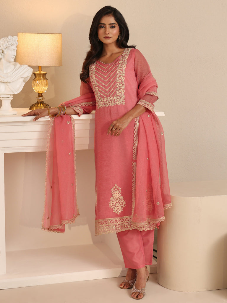 Libas Peach Orange Floral Embroidered Chiffon Straight Suit Set