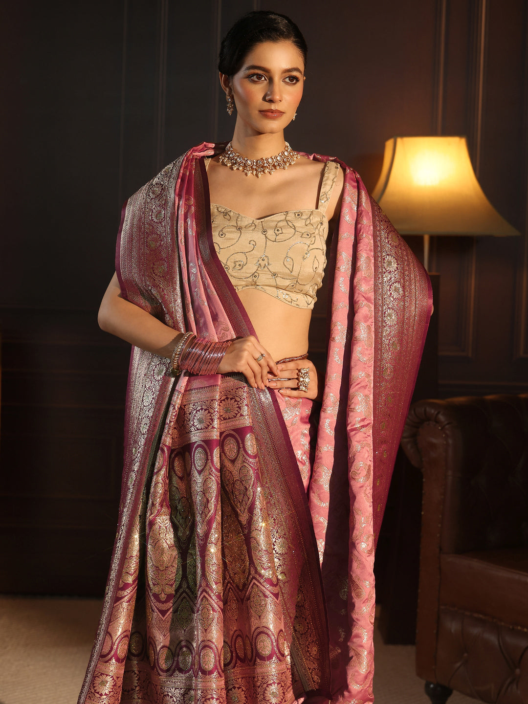 Libas Peach Paisley Woven Design Satin Tassel Saree