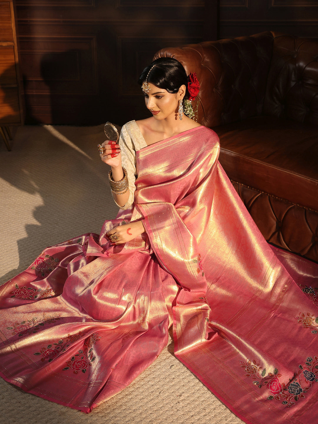Libas Peach Pink Banarasi Silk Saree with Floral Stone Work