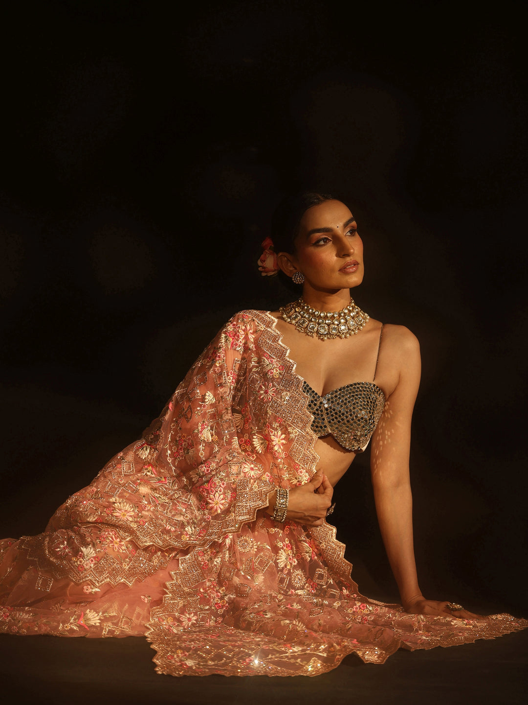  Libas Peach Pink Floral Embellished Net Saree 