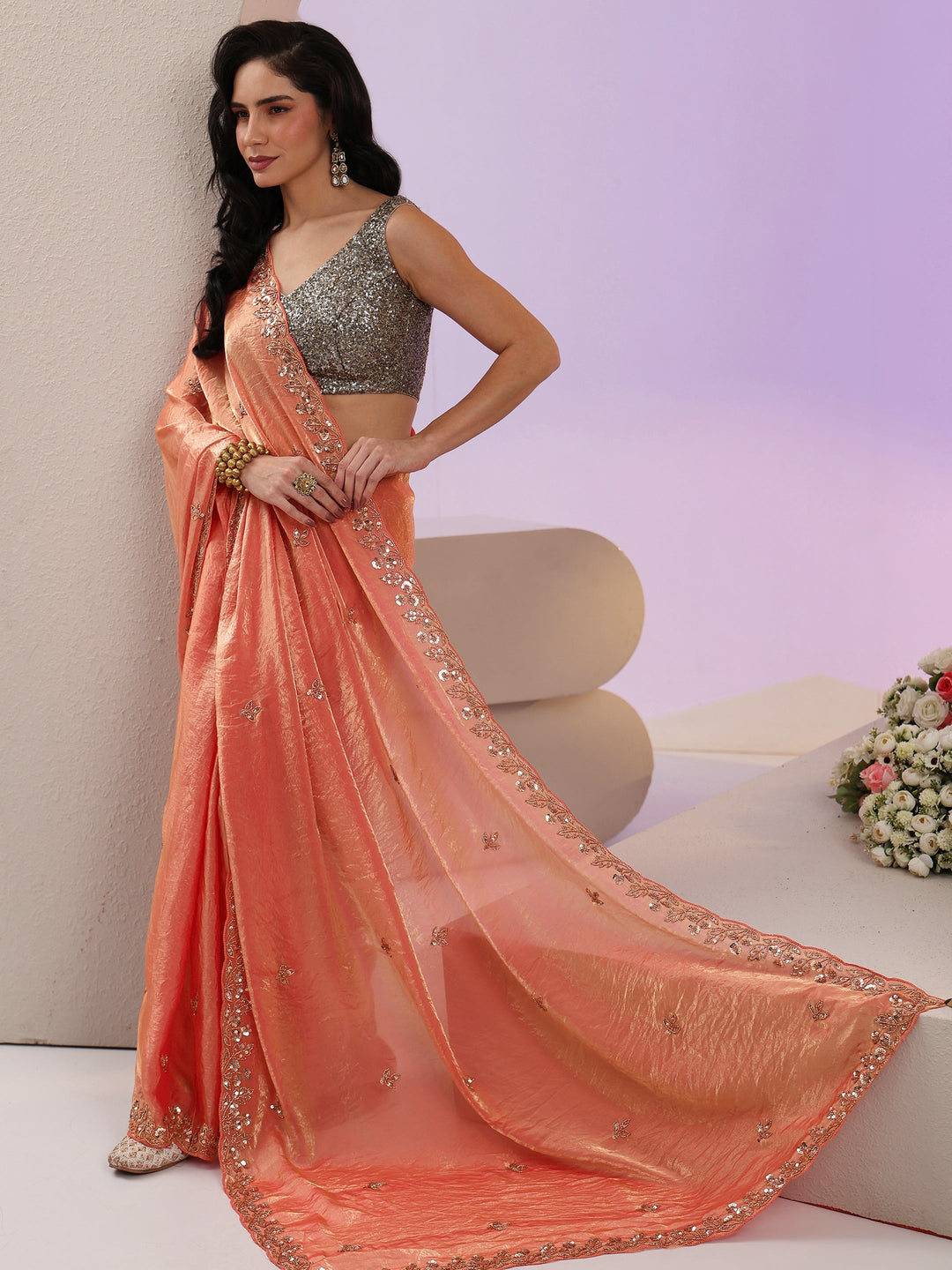  Libas Peach Pink Floral Embellished Tissue Saree 