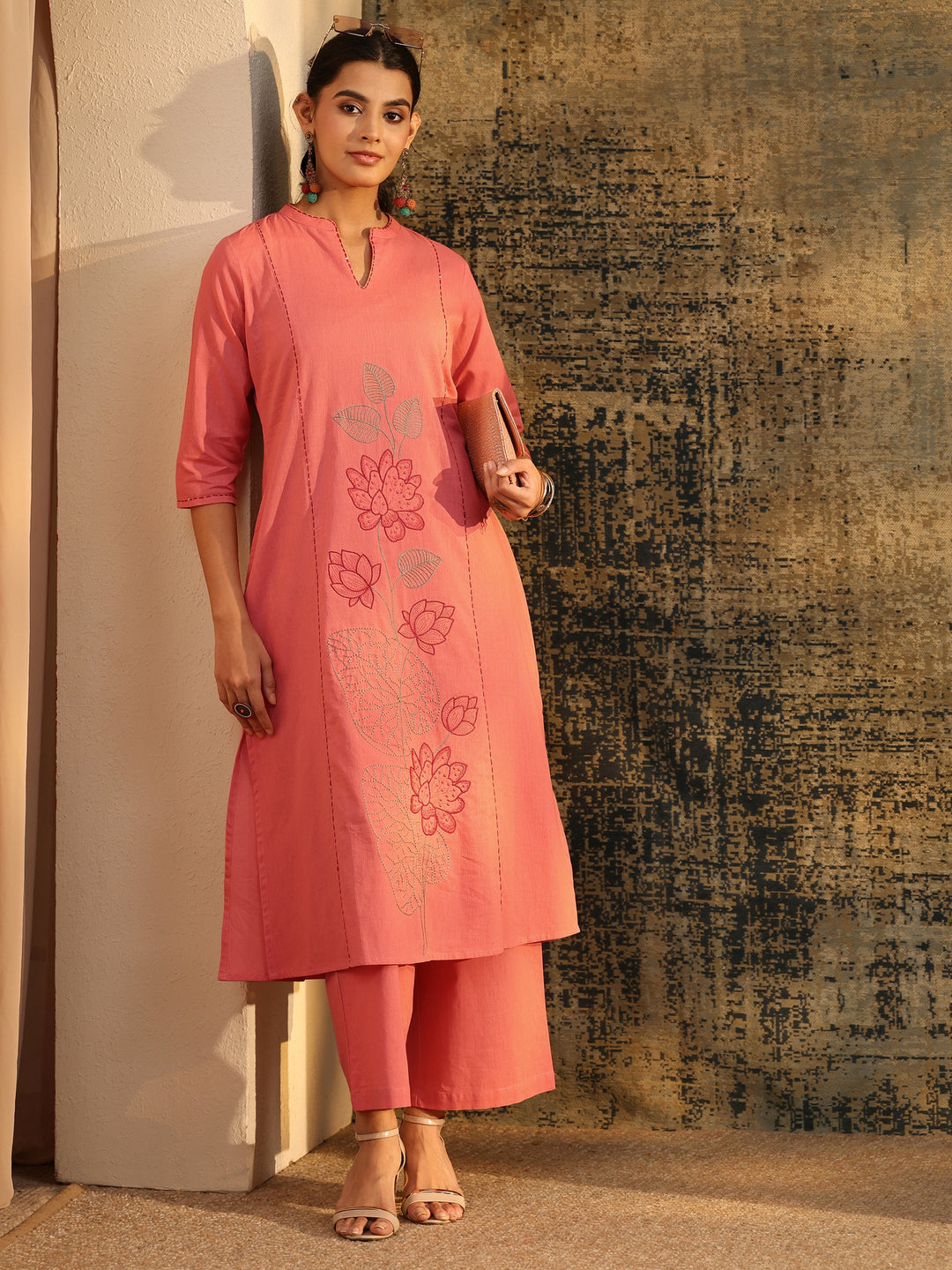  Libas Peach Pink Floral Embroidered Cotton Co-Ord Set 