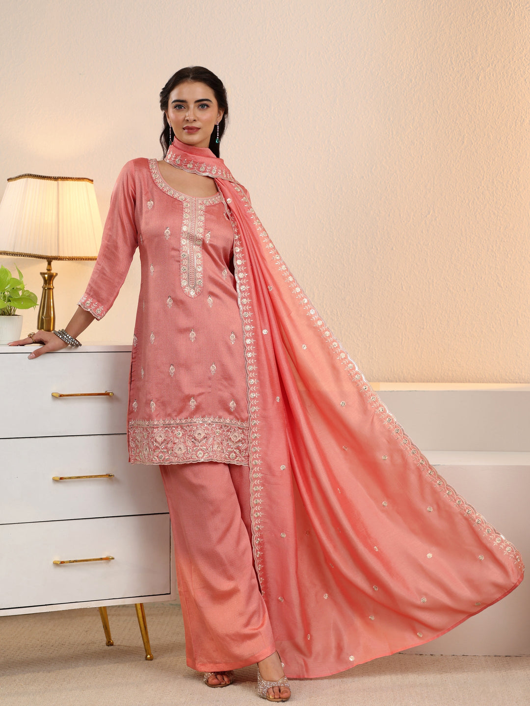 Libas Peach Pink Floral Embroidered Silk Blend Palazzo Suit Set