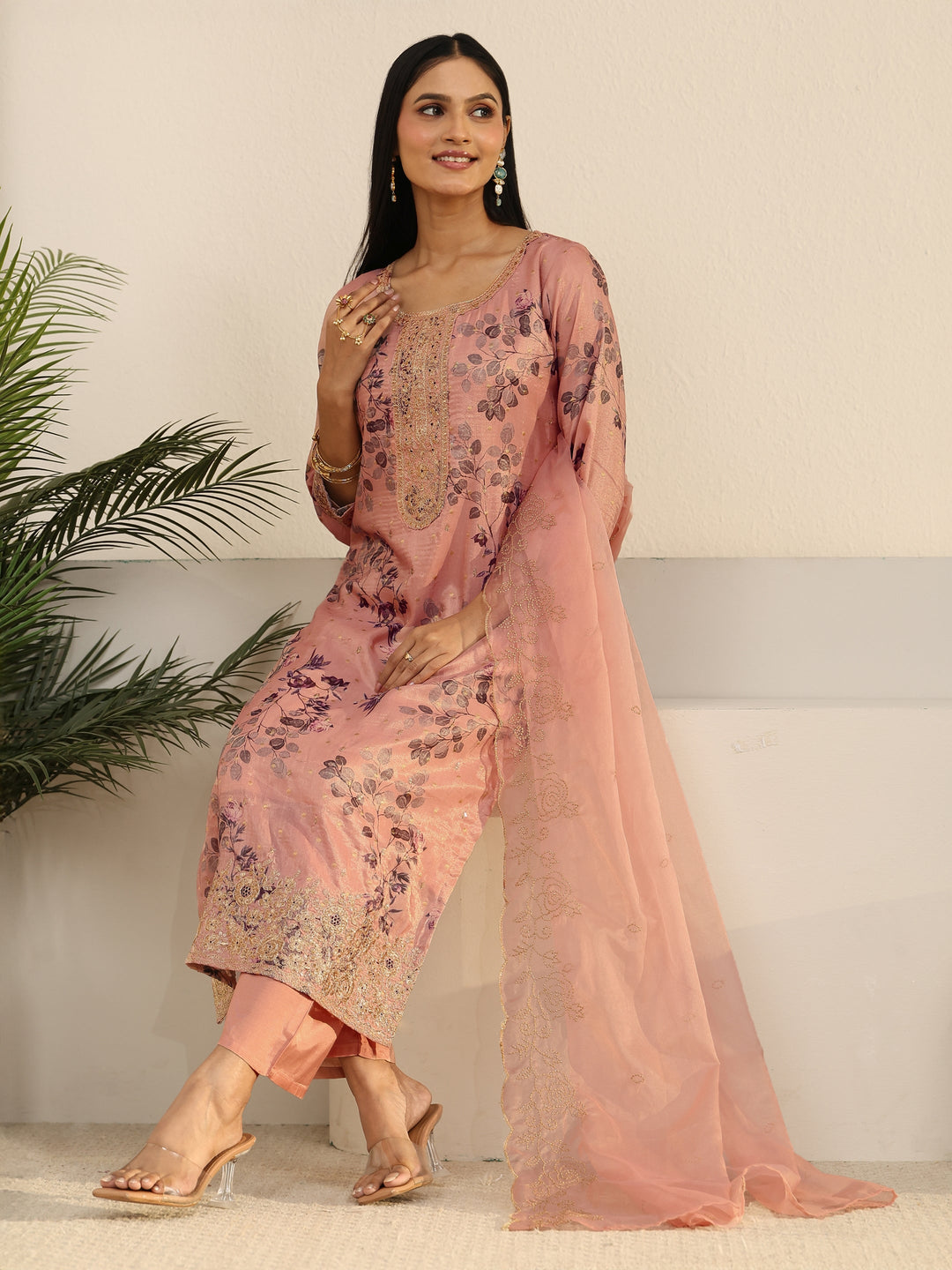  Libas Peach Pink Floral Printed Silk Blend Straight Suit Set 