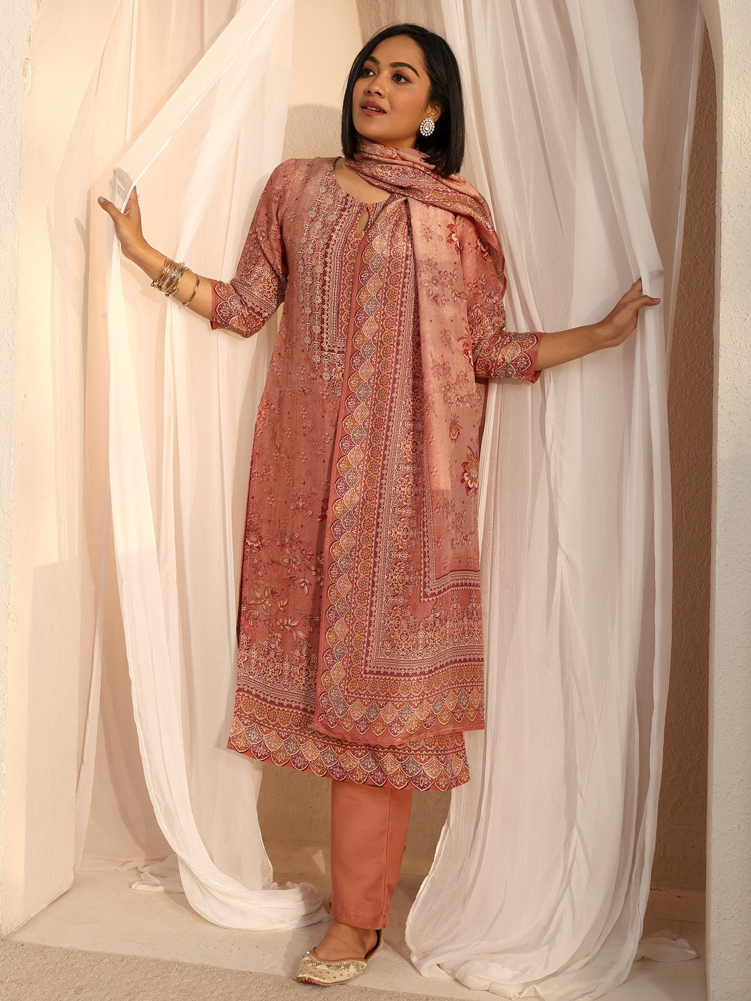  Libas Peach Pink Floral Printed Silk Blend Straight Suit Set 