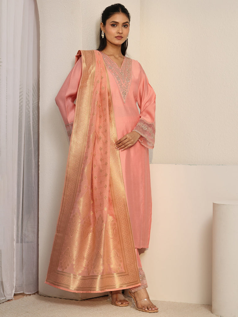 Libas Peach Pink Floral Yoke Silk Blend Straight Suit Set