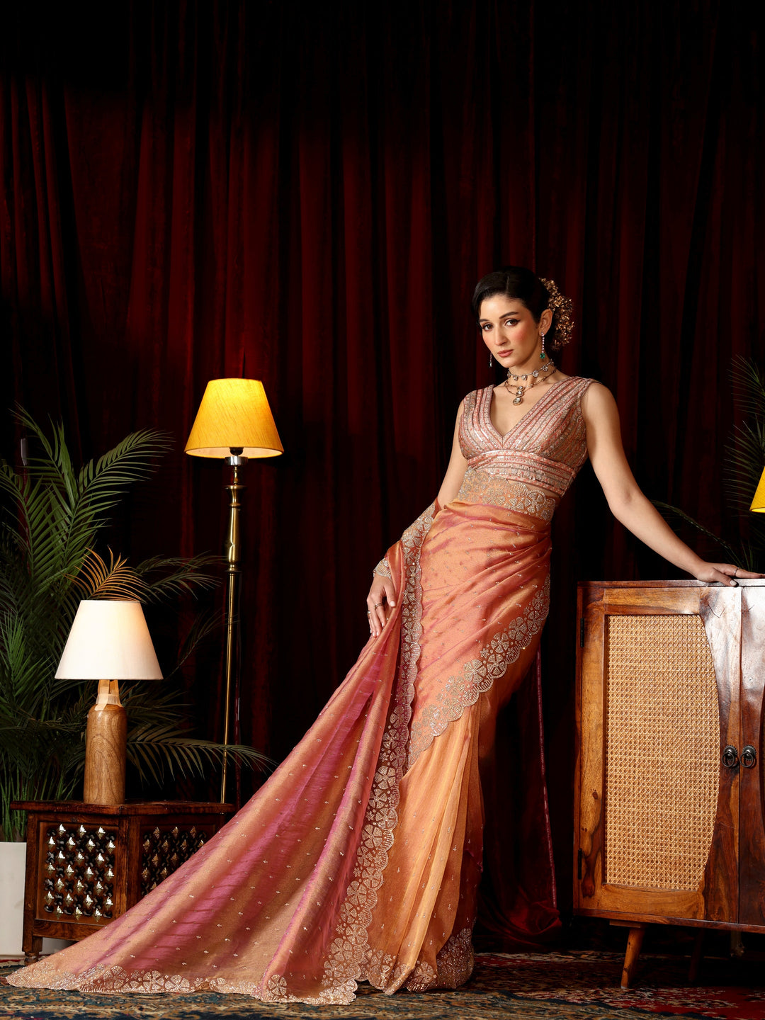  Libas Peach Pink Stone Work Embellished Tissue Saree 