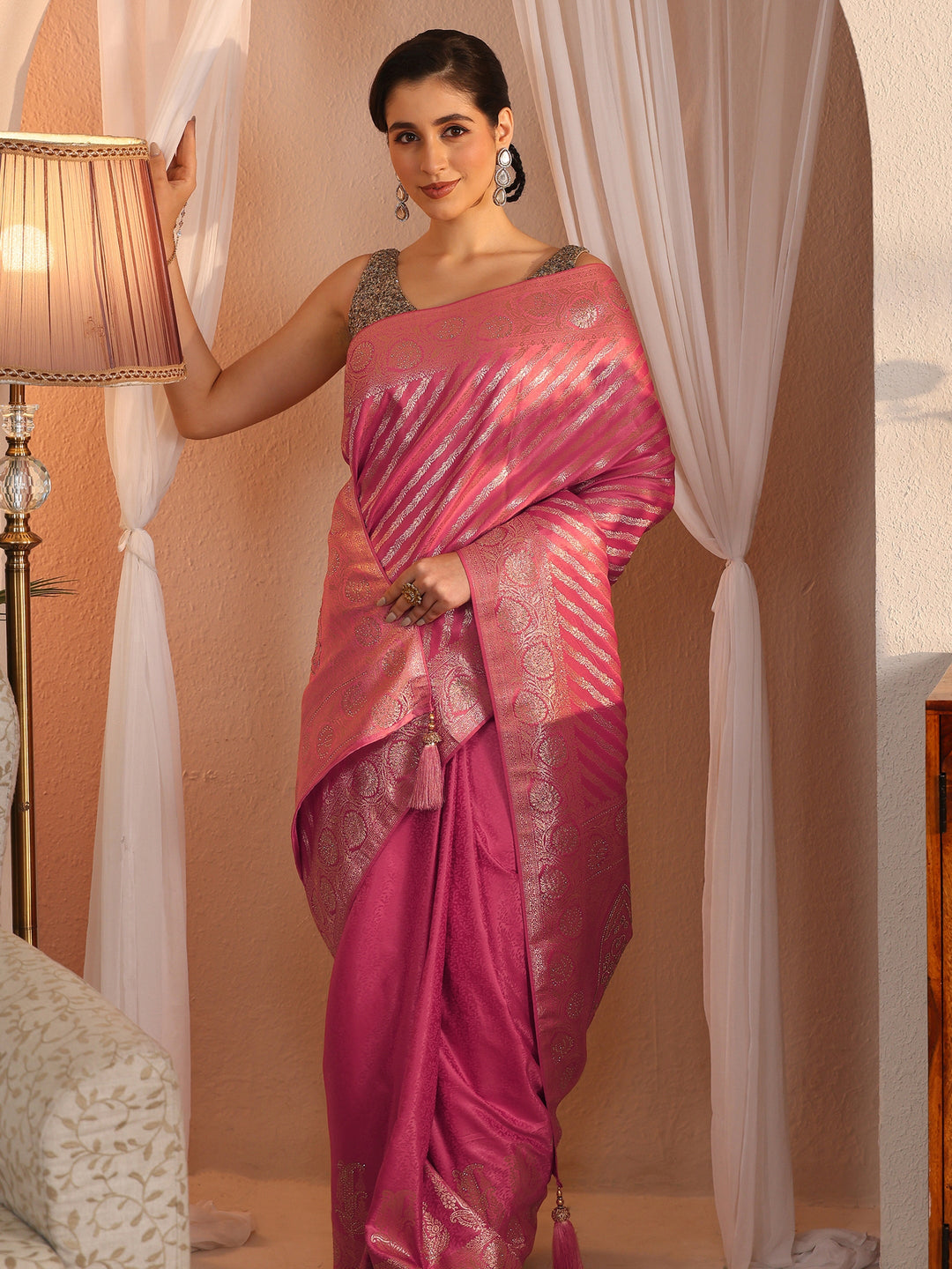  Libas Peach Pink Striped Woven Design Silk Blend Saree 