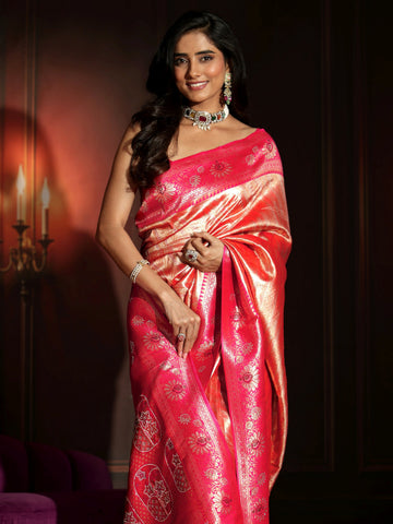Libas Peach Pink Woven Design Silk Blend Saree