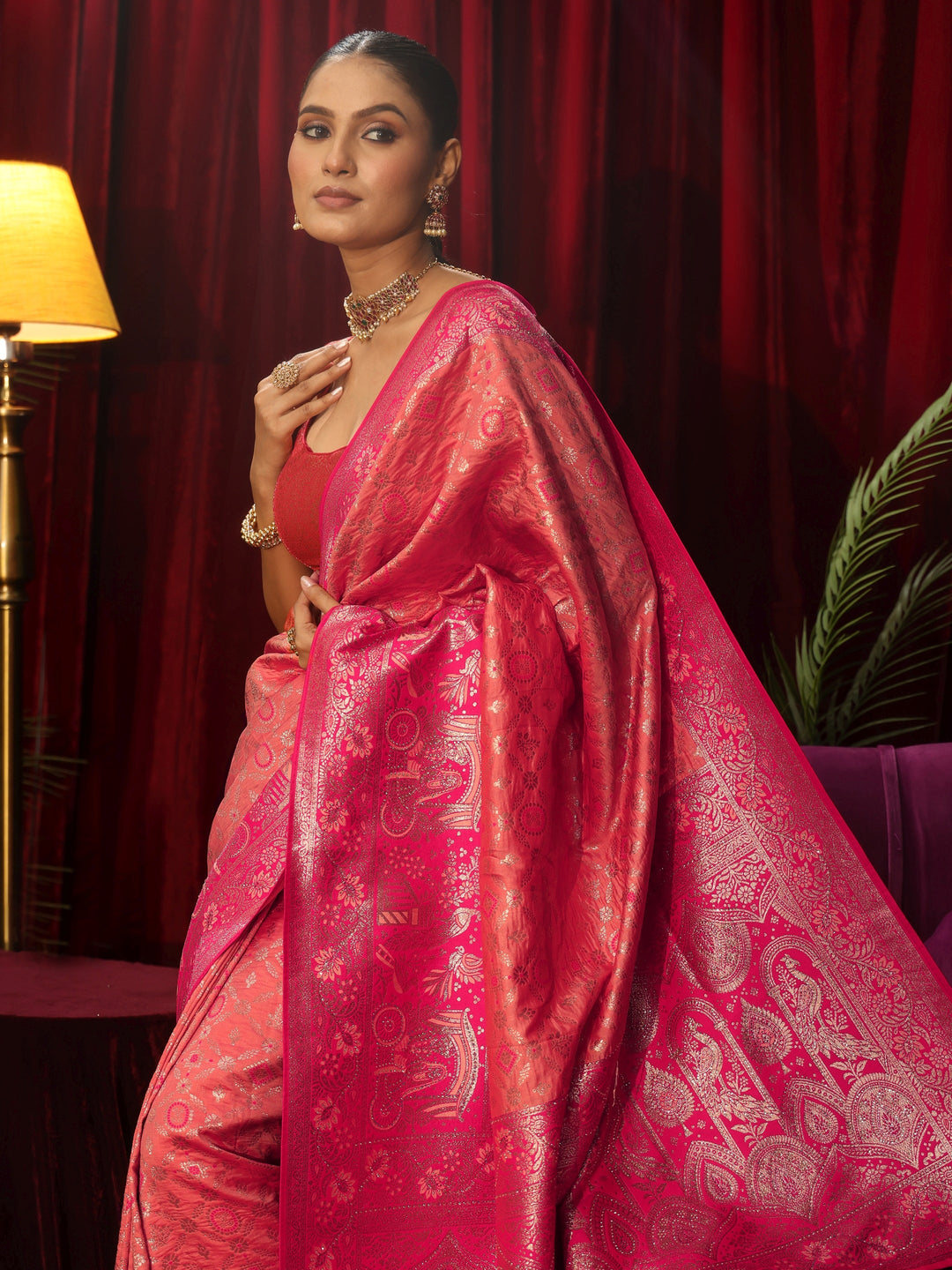 Libas Peach Pink Woven Design Silk Blend Saree