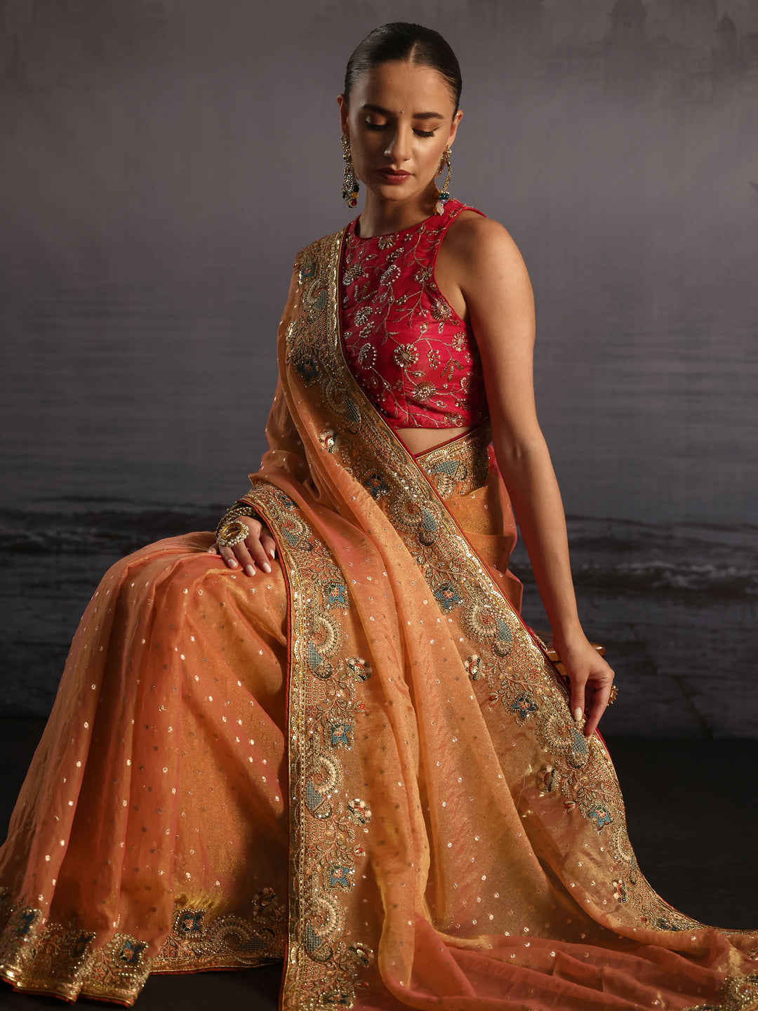  Libas Peach Pink Woven Design Tissue Saree with Embroidered Border 