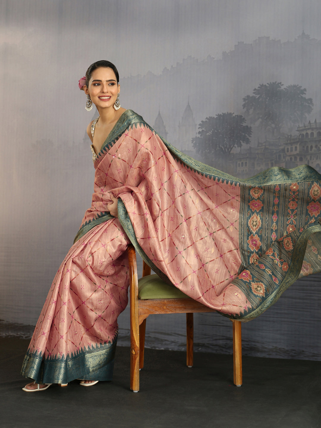  Libas Peach Printed Woven Design Pallu Silk Blend Tassel Saree 
