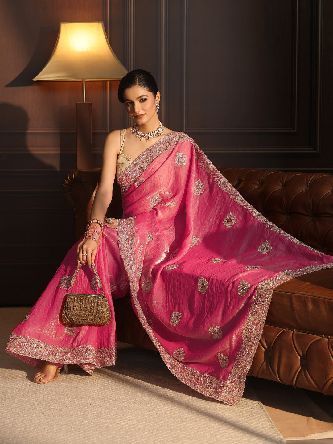 Libas Peach Sequin Embellished Tissue Saree