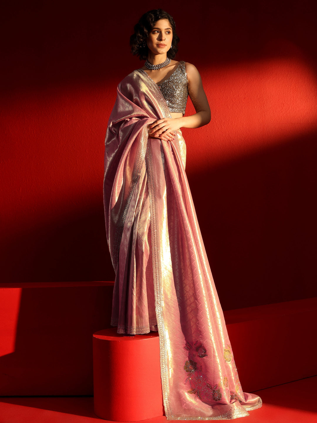  Libas Peach Woven Design Silk Blend Saree with Embellished Border 