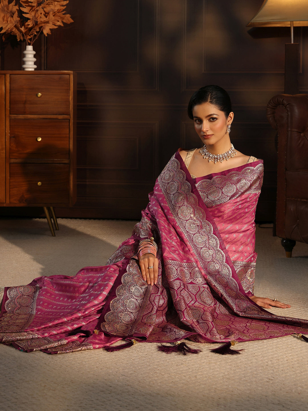Libas Peach Woven Design Silk Blend Tassel Saree