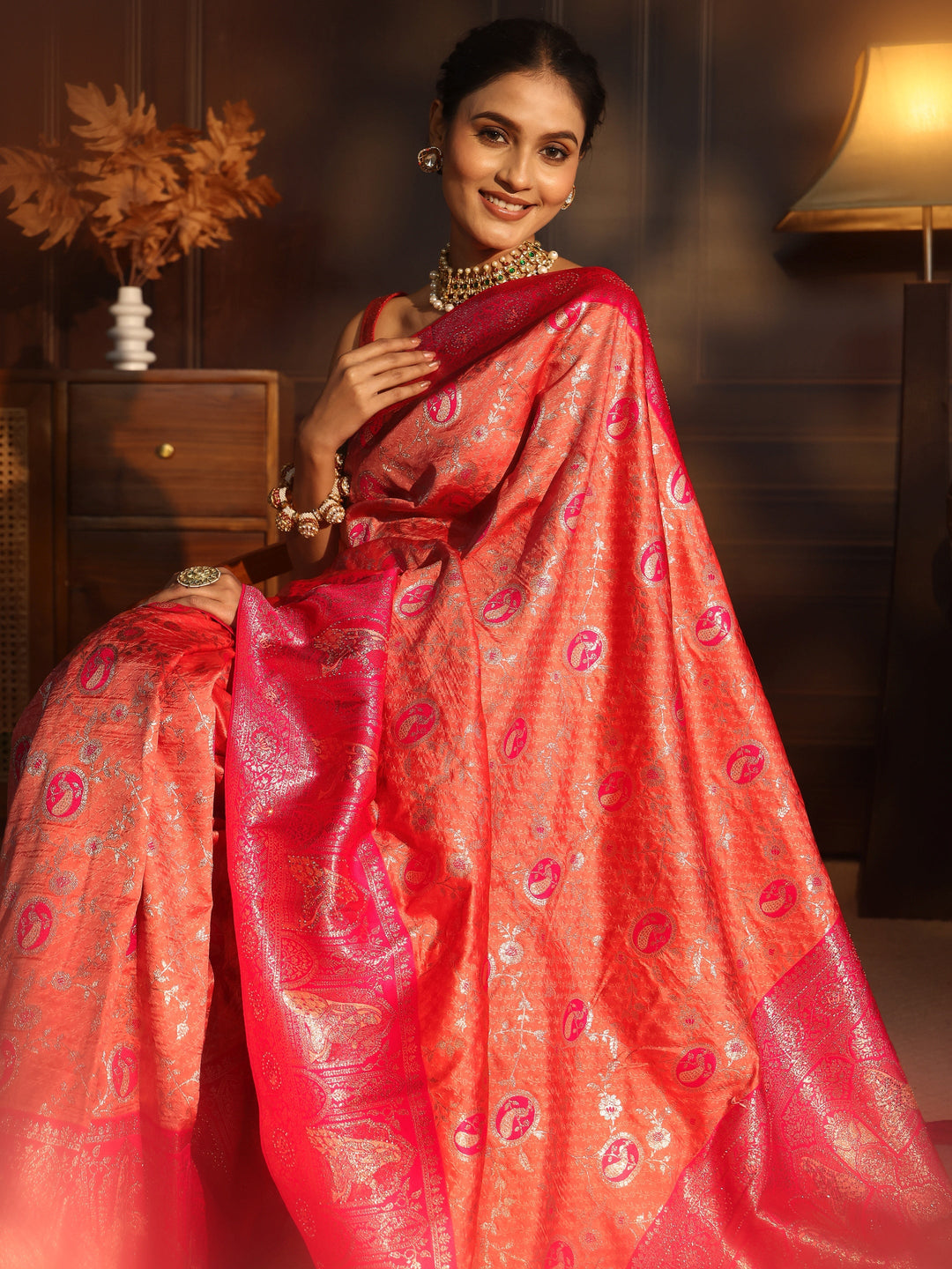 Libas Peach and Pink Woven Design Silk Blend Saree with Embellished Pallu
