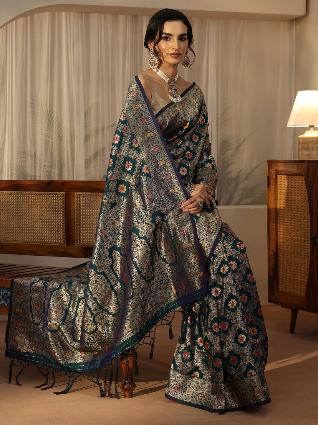  Libas Peacock Blue Banarasi Silk Blend Saree 