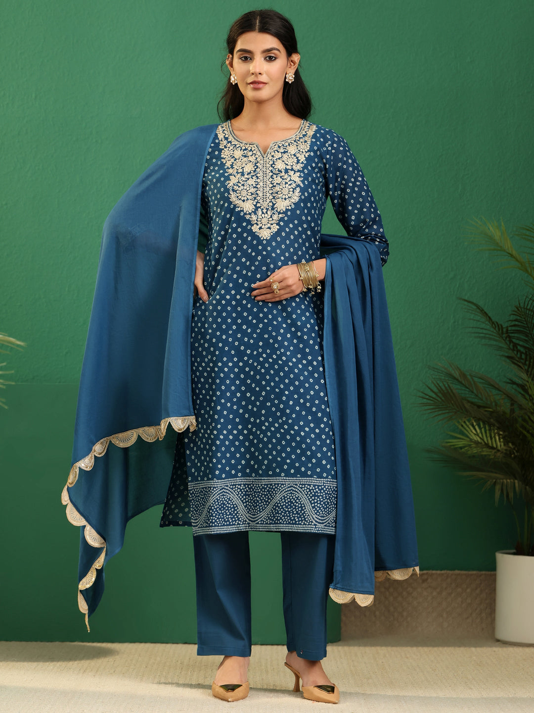  Libas Peacock Blue Bandhani Cotton Straight Suit Set 