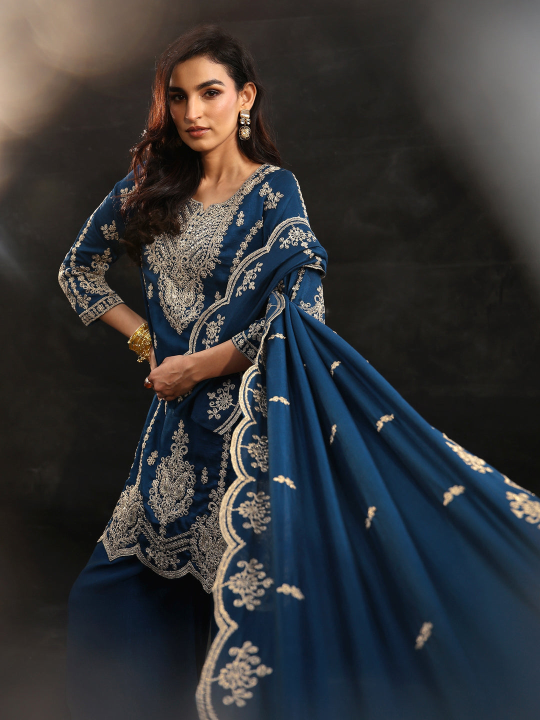  Libas Peacock Blue Embellished Chinon Short Kurta Palazzo Suit Set 