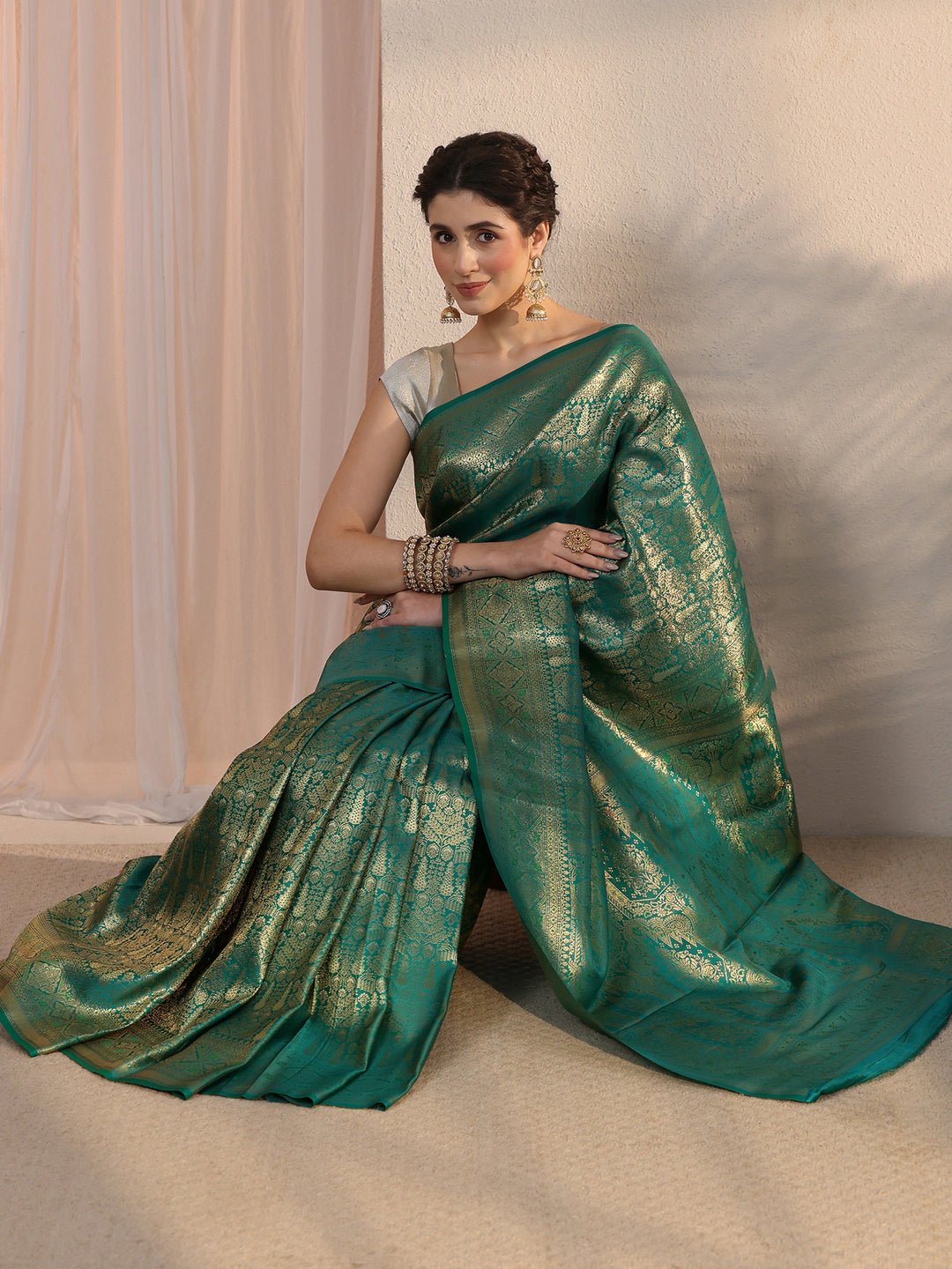  Libas Peacock Green Ethnic Woven Design Satin Saree 