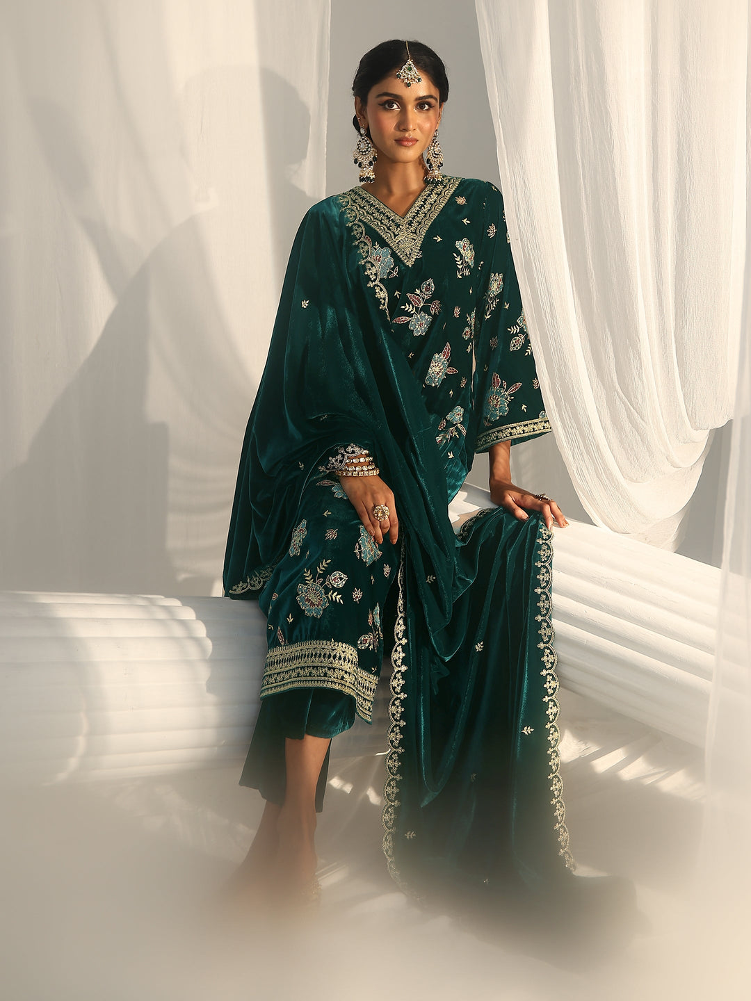  Libas Peacock Green Floral Embroidered Velvet Straight Suit Set 