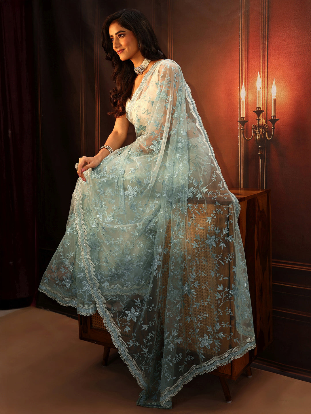  Libas Periwinkle Blue Floral Embroidered Net Saree 