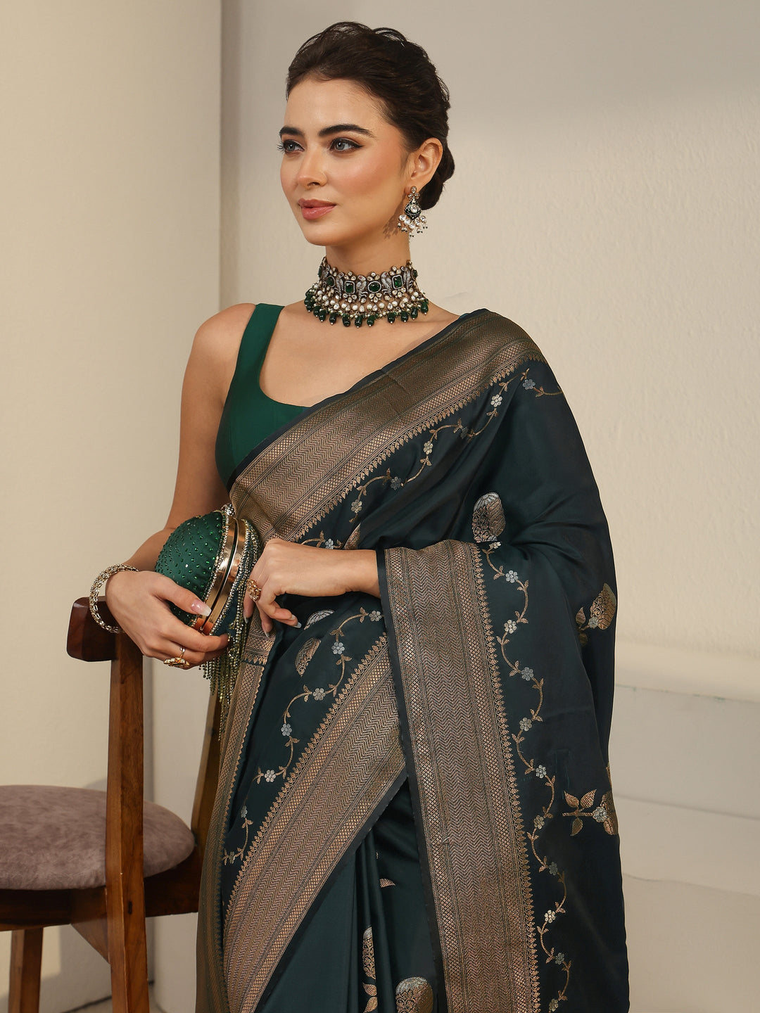Libas Pine Green Banarasi Satin Saree
