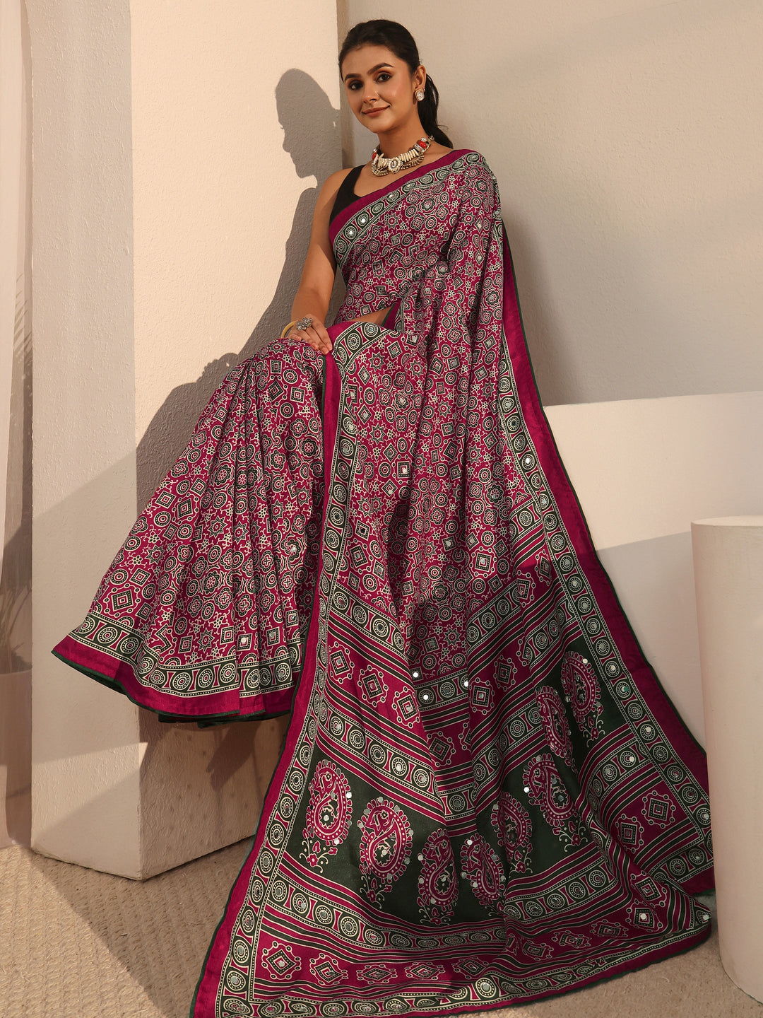 Libas Pink Ajrakh Printed Silk Blend Saree