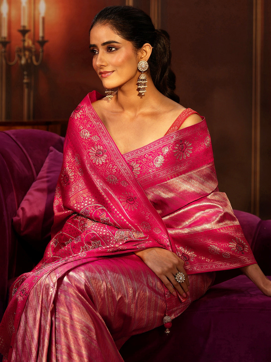 Libas Pink Banarasi Silk Blend Saree with Embellished Pallu 