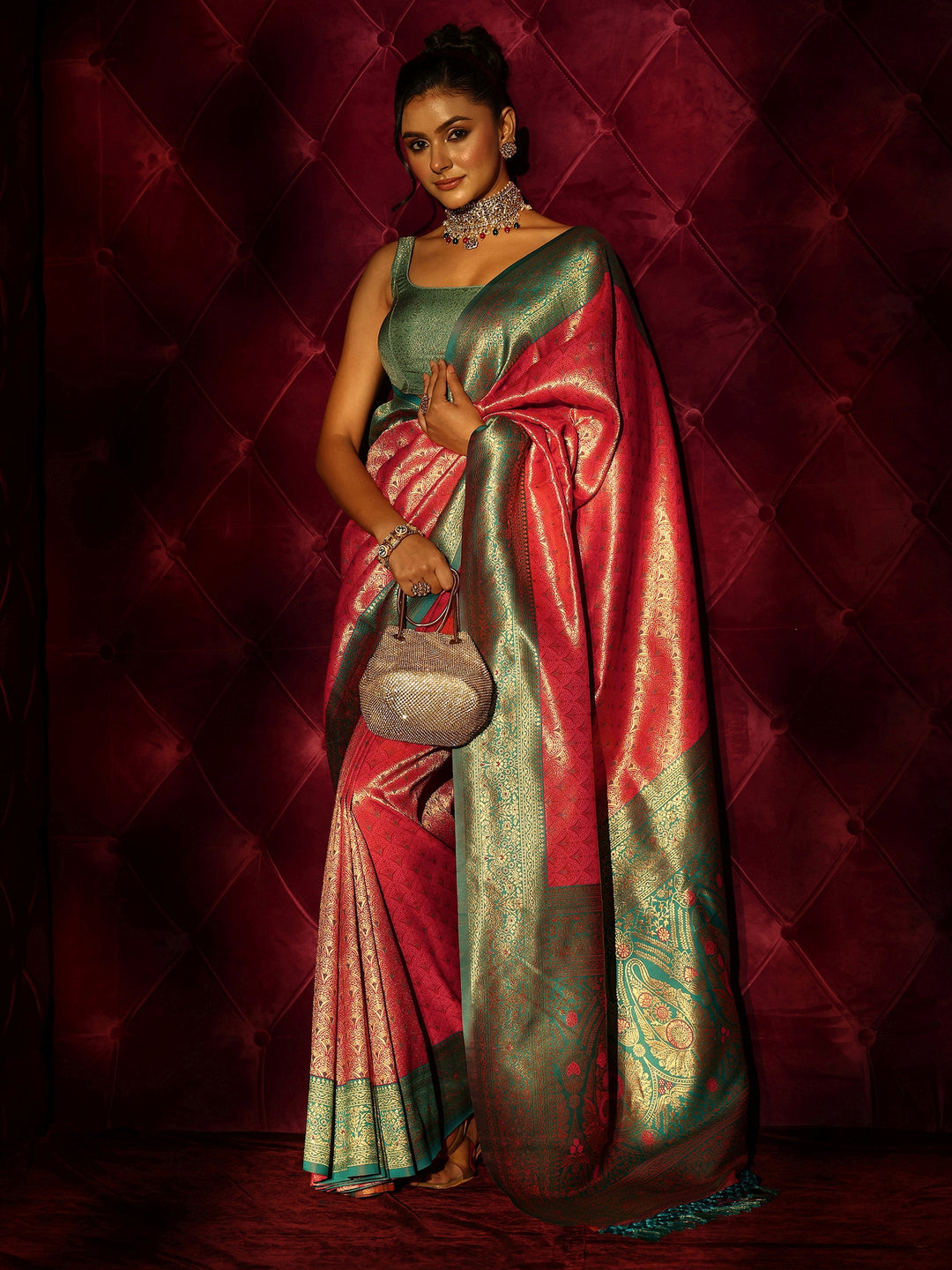 Libas Pink Banarasi Silk Blend Tassel Saree