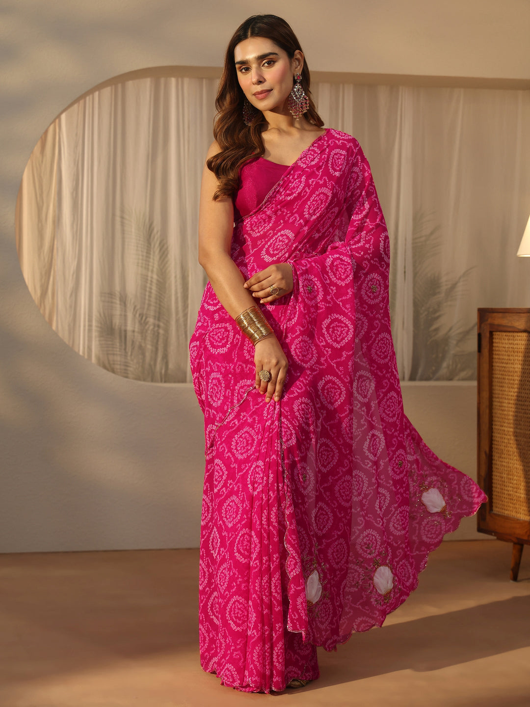  Libas Pink Bandhani Print Chiffon Saree with Applique Design 