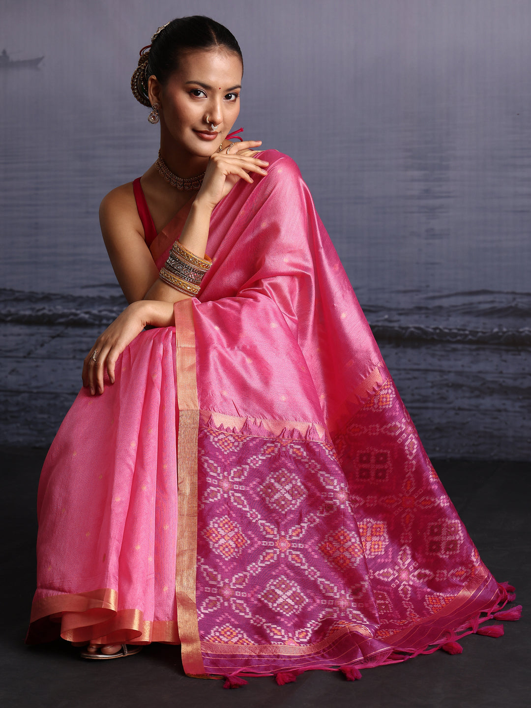  Libas Pink Bandhani Print Pallu Silk Blend Tassel Saree 
