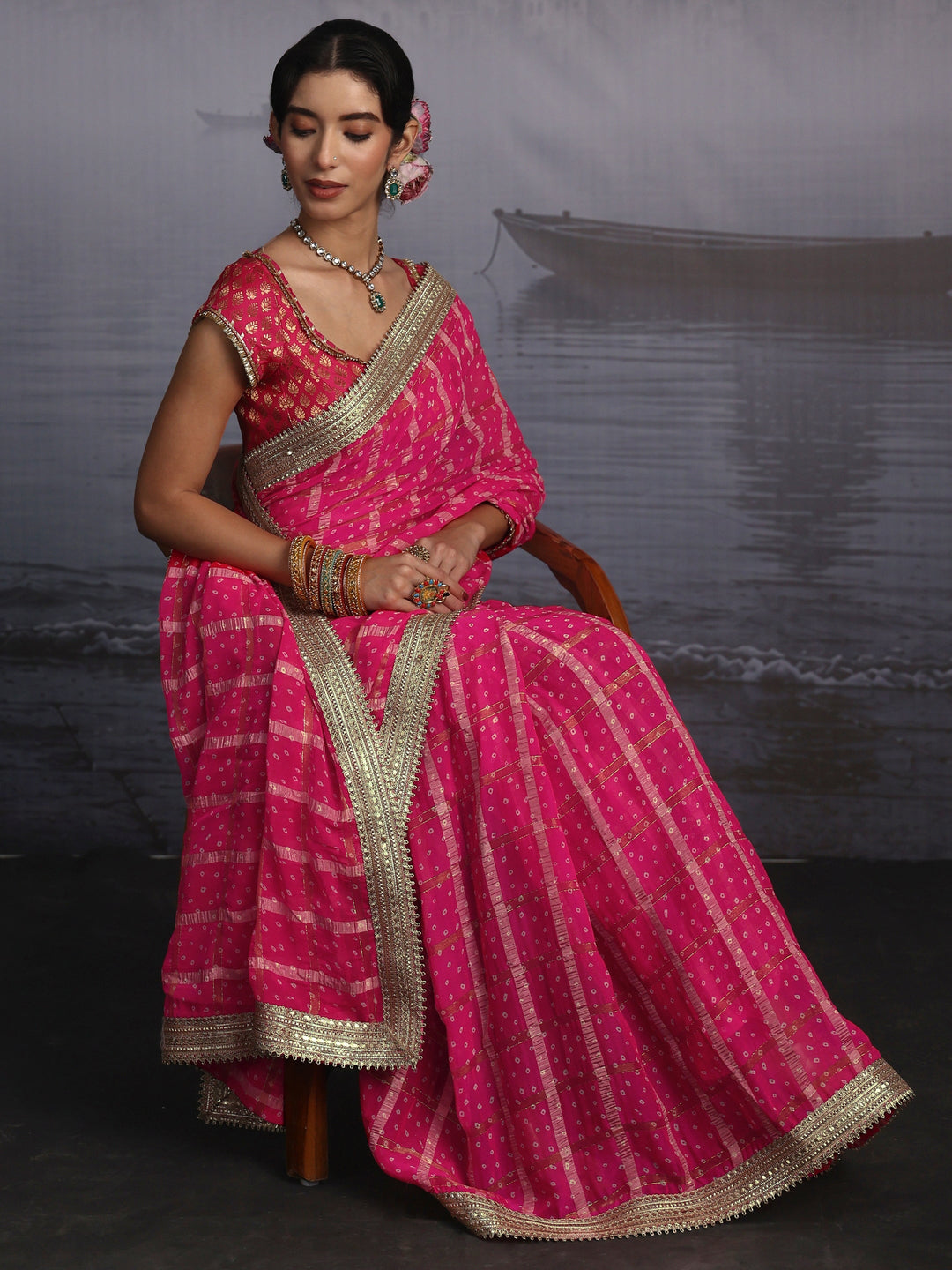 Libas Pink Bandhani Printed Chiffon Saree