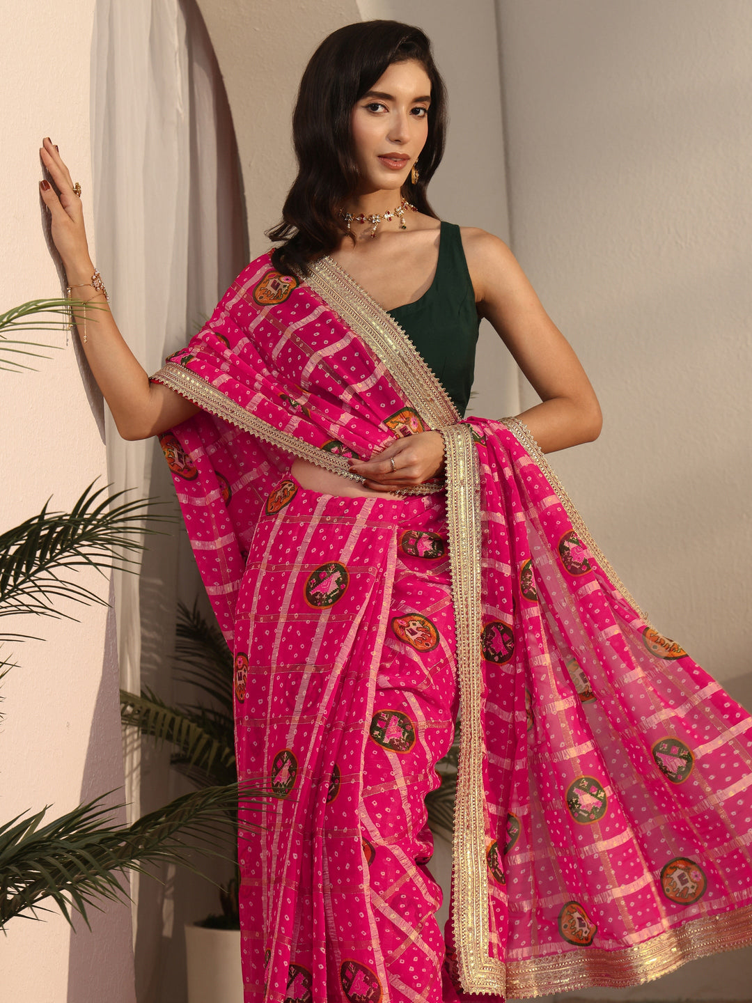 Libas Pink Bandhani Printed Chiffon Saree with Gotta Patti Border