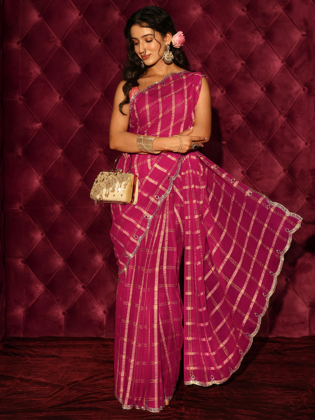 Libas Pink Checkered Chiffon Saree with Embellished Scalloped Border